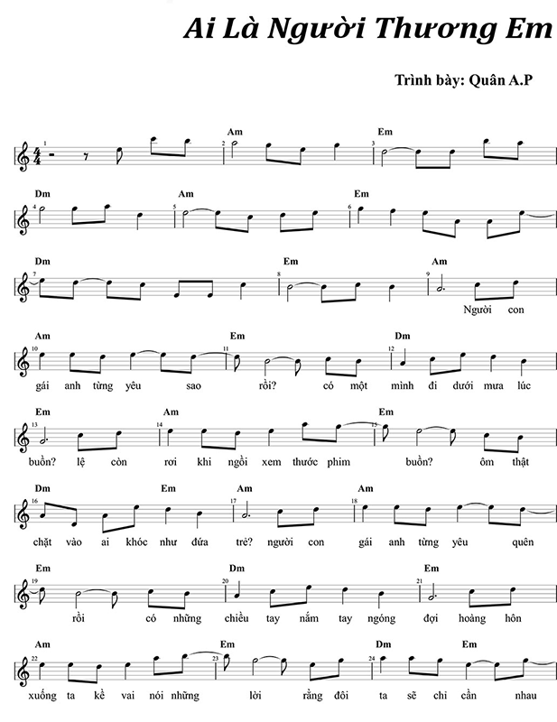 Sheet Piano Ai là người thương em - Quân A.P