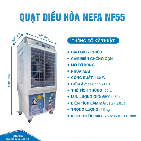  Quạt điều hòa hơi nước làm mát cực nhanh tiết kiệm điện NEFA 55 chạy bằng cơ công nghệ Nhật Bản bảo hành chính hãng 