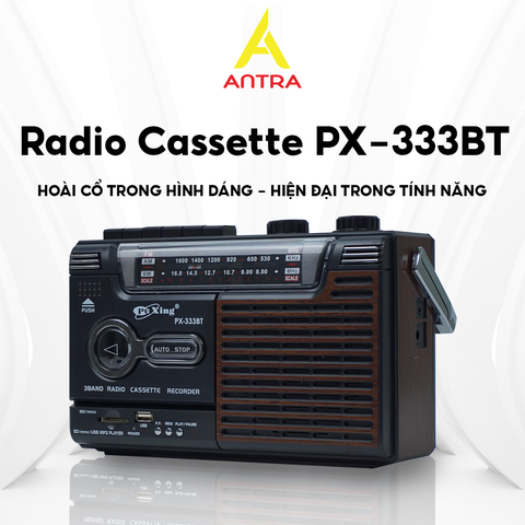  Đài Radio Cassette PX-333BT Thiết Kế Cổ Điển, Kết Nối Bluetooth, Hỗ Trợ USB, Thẻ Nhớ, Tai Nghe, AM/FM/SW, BH 12thg 