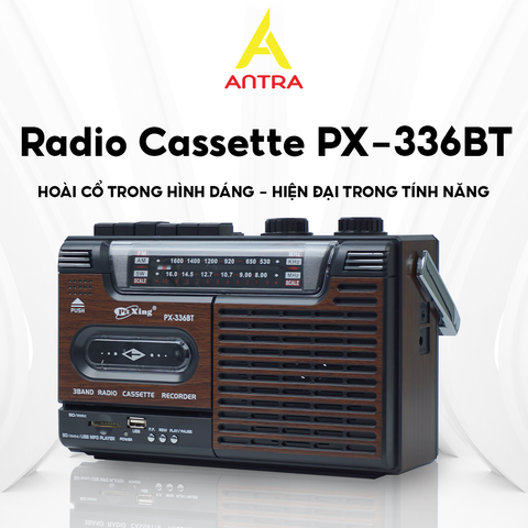  Đài Radio Cassette PX- 336BT Màu Nâu Cổ Điển, Kết Nối Bluetooth, Hỗ Trợ USB, Thẻ Nhớ, Tai Nghe, AM/FM/SW, BH 12thg 