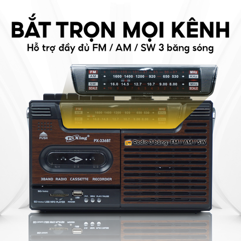  Đài Radio Cassette PX- 336BT Màu Nâu Cổ Điển, Kết Nối Bluetooth, Hỗ Trợ USB, Thẻ Nhớ, Tai Nghe, AM/FM/SW, BH 12thg 