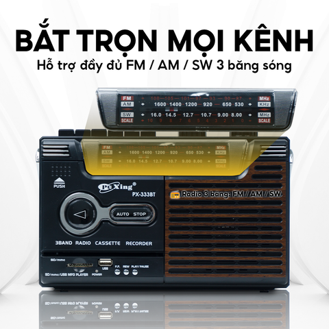  Đài Radio Cassette PX-333BT Thiết Kế Cổ Điển, Kết Nối Bluetooth, Hỗ Trợ USB, Thẻ Nhớ, Tai Nghe, AM/FM/SW, BH 12thg 
