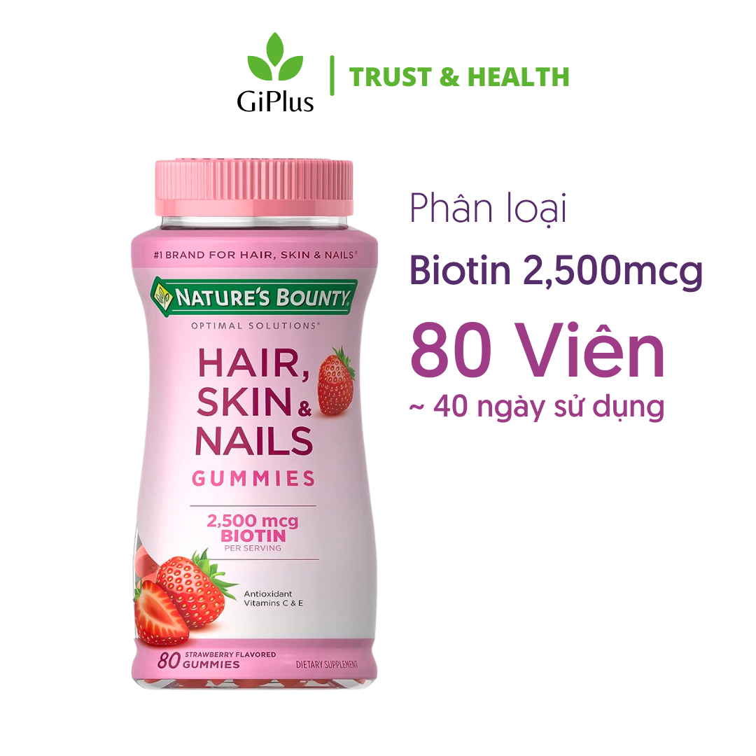  Kẹo Dẻo Làm Đẹp Tóc Móng Da Nature’s Bounty Hair, Skin  Nails 6000mcg Gummies Strawberry (80-230 viên/ Lọ) 