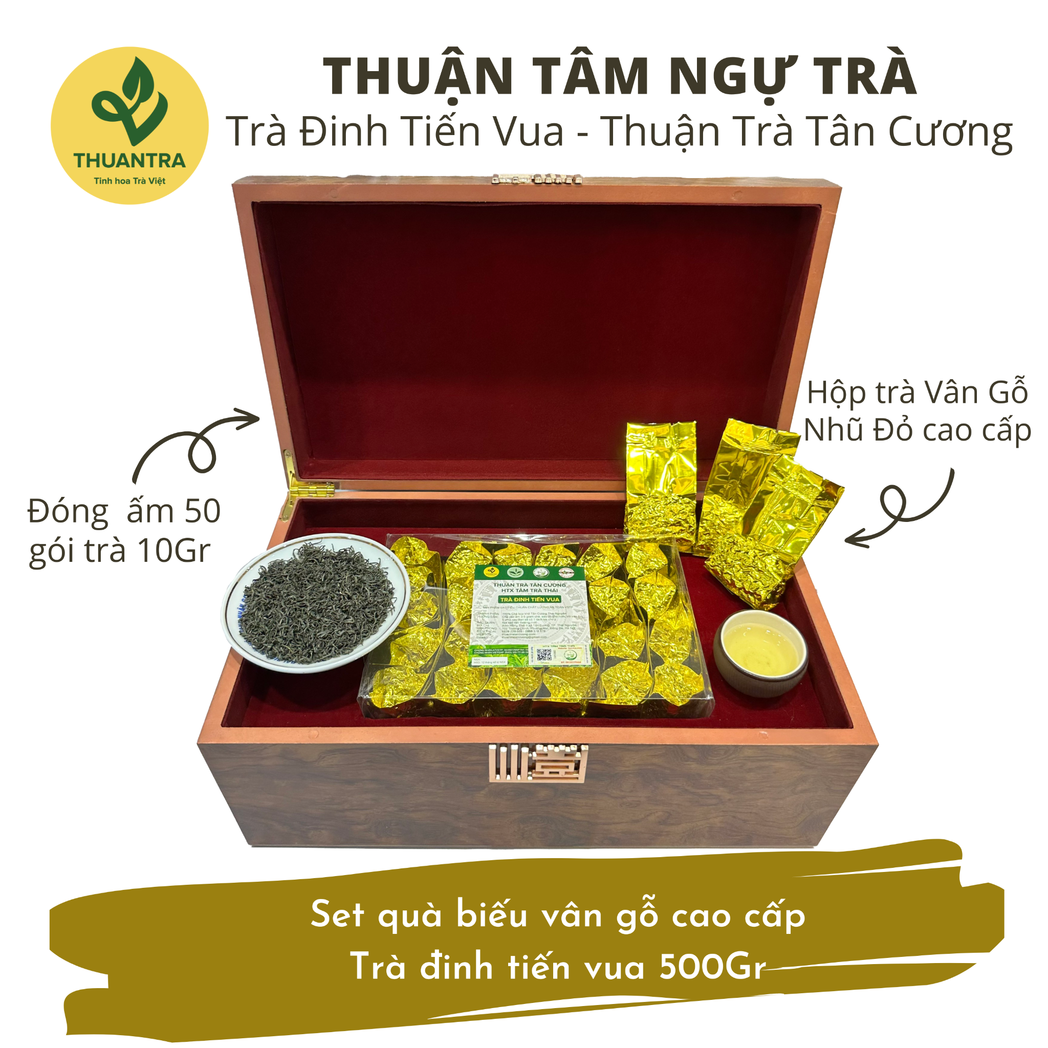  Thuận Tâm Ngự Trà - Set quà biếu vân gỗ cao cấp - Trà đinh tiến vua 500Gr 