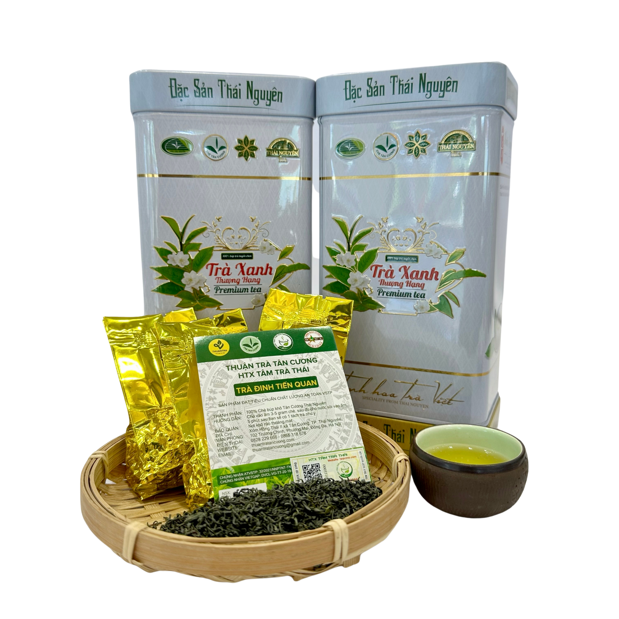  Hộp trà Vạn An - Hộp thiếc trắng tiến quan 150G - Quà biếu cao cấp Thuận Trà Tân Cương 