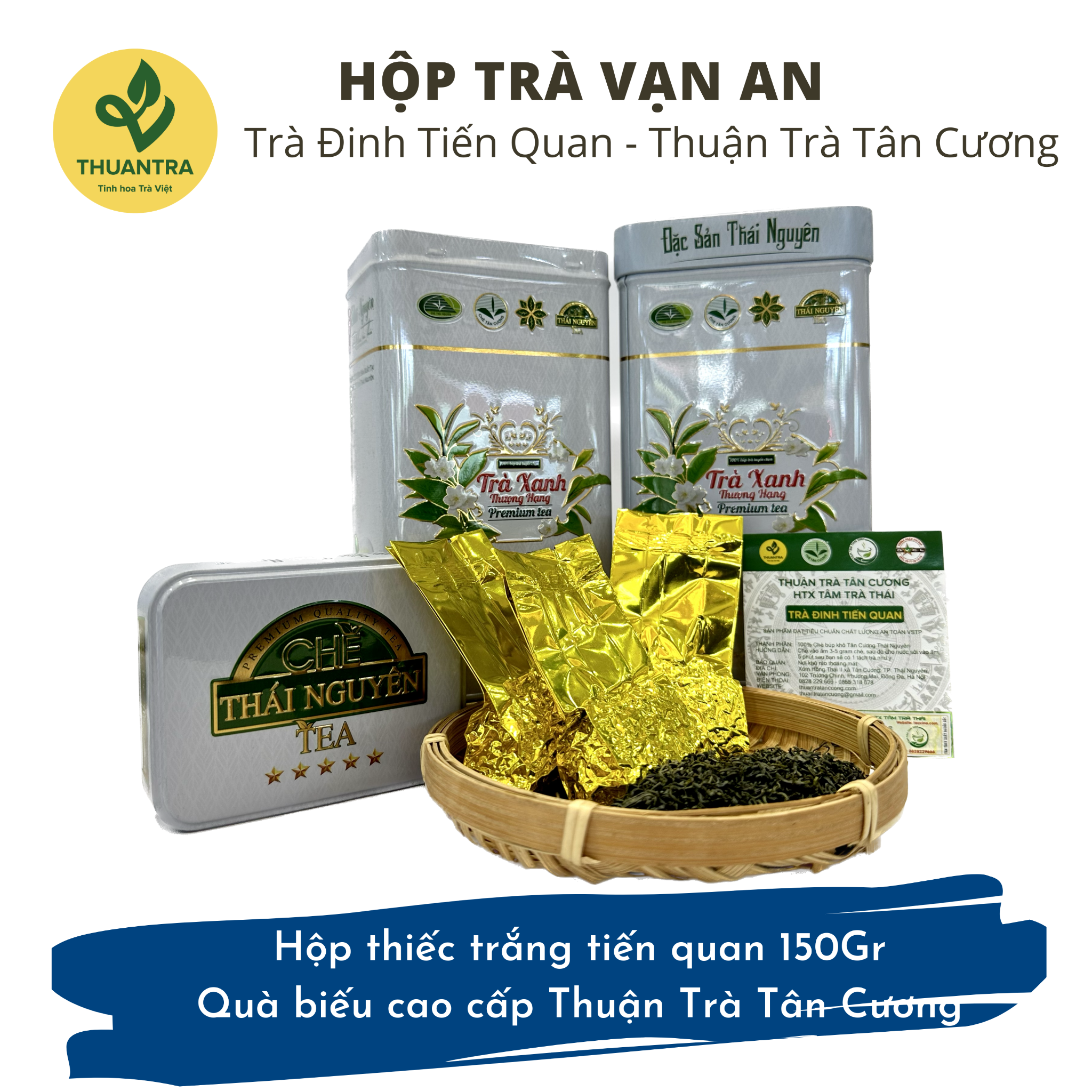  Hộp trà Vạn An - Hộp thiếc trắng tiến quan 150G - Quà biếu cao cấp Thuận Trà Tân Cương 