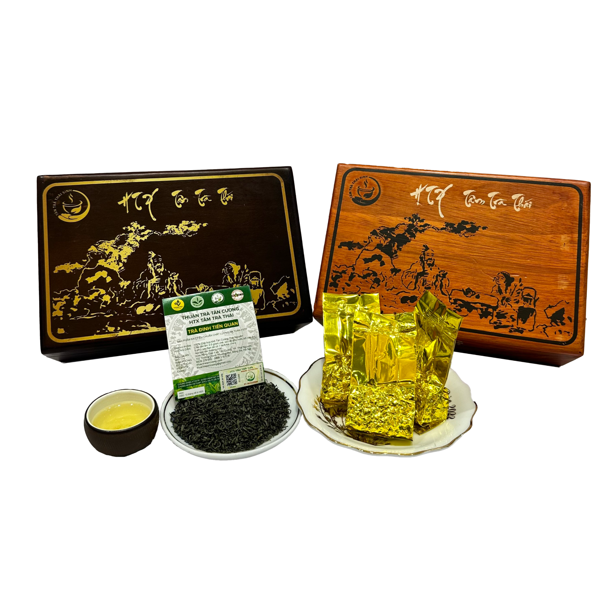  Tiến quan Mộc Trà (nâu/đen) - Set Trà hộp gỗ tiến quan 250Gr - Quà biếu cao cấp Thuận Trà Tân Cương 
