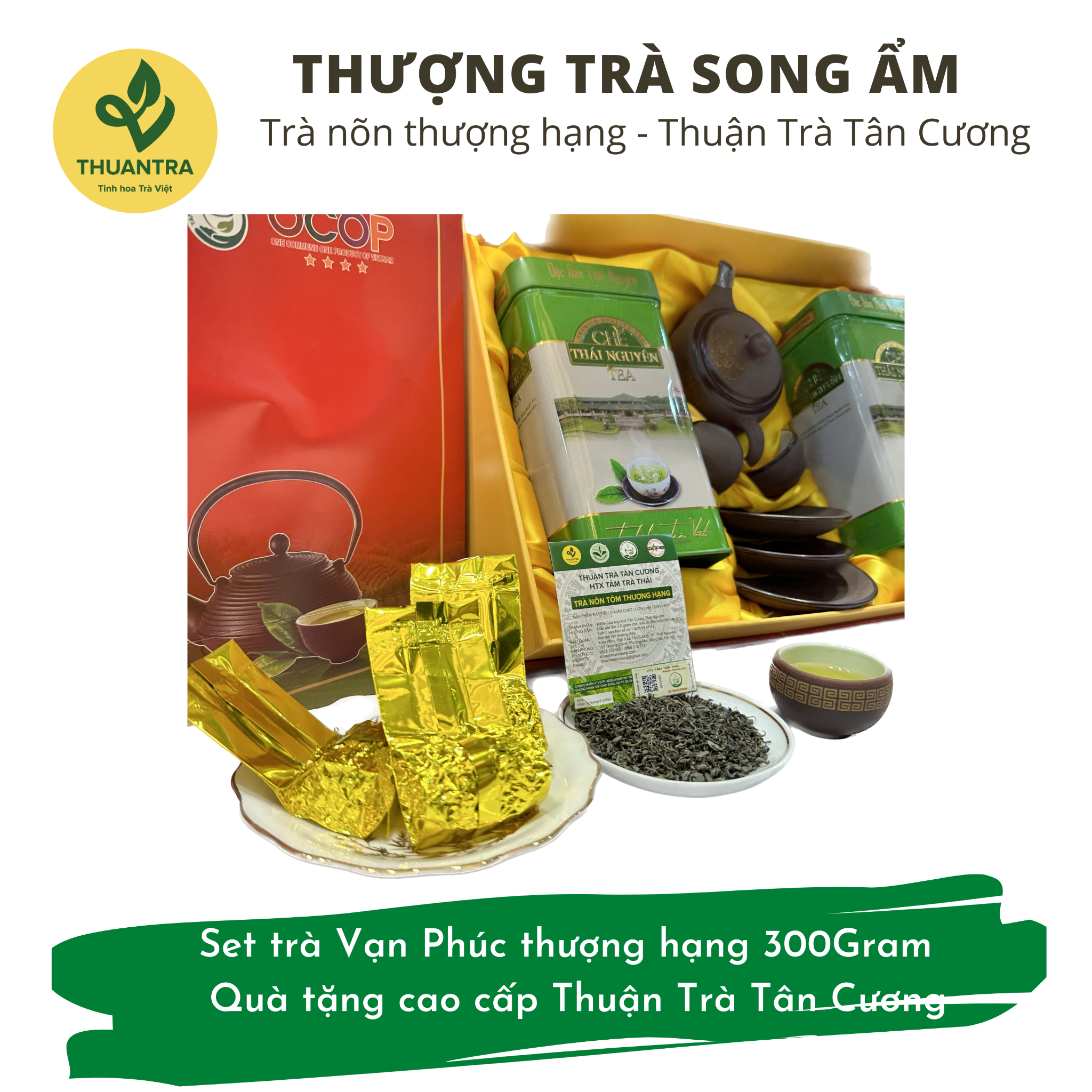  Thượng trà Song Ẩm - Set trà nõn tôm thượng hạng & Bộ ấm 2 chén Tử Sa Bát Tràng - Quà tặng cao cấp Thuận Trà Tân Cương 