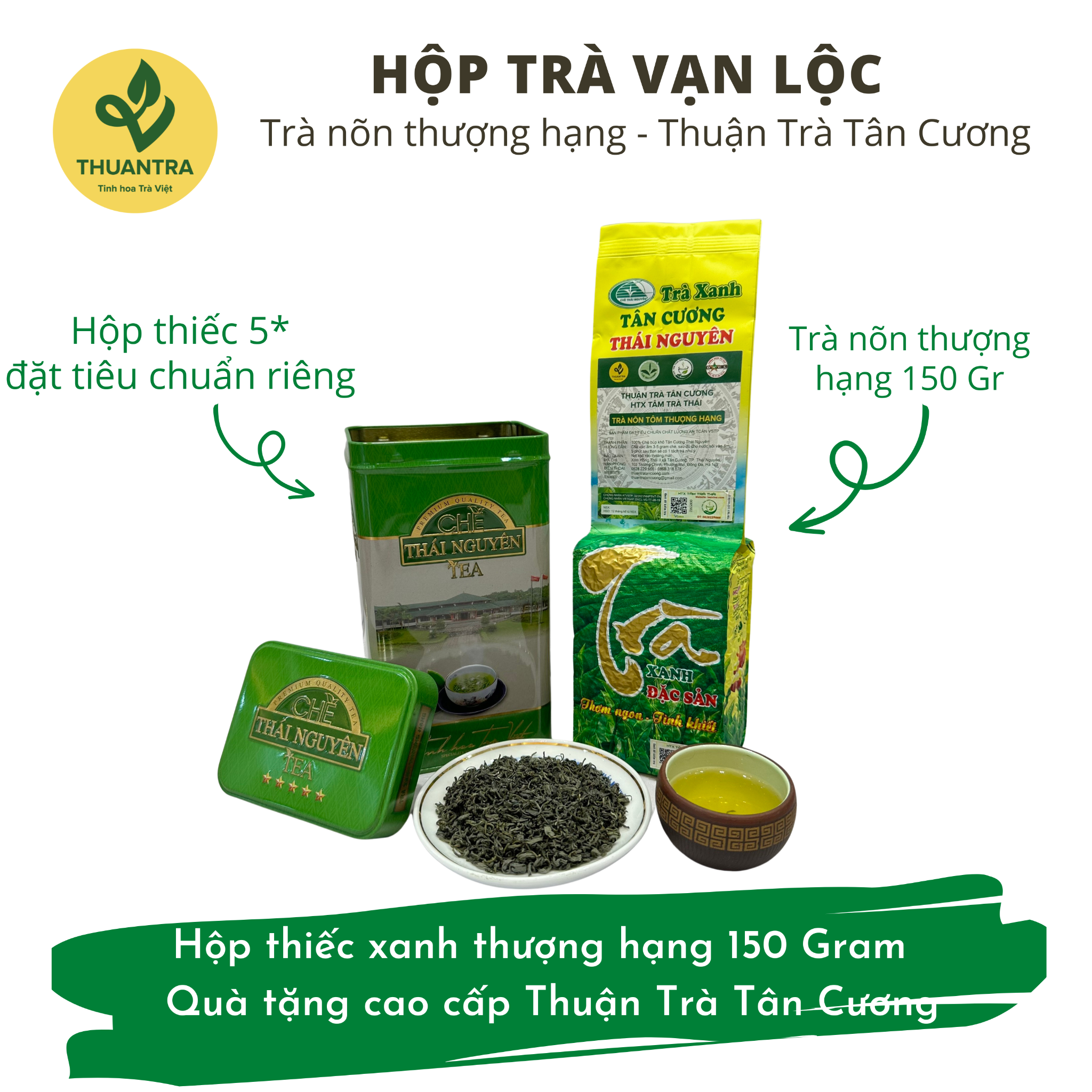  Hộp trà Vạn Lộc - Hộp trà nõn tôm thượng hạng 150Gr - Quà tặng cao cấp Thuận Trà Tân Cương 