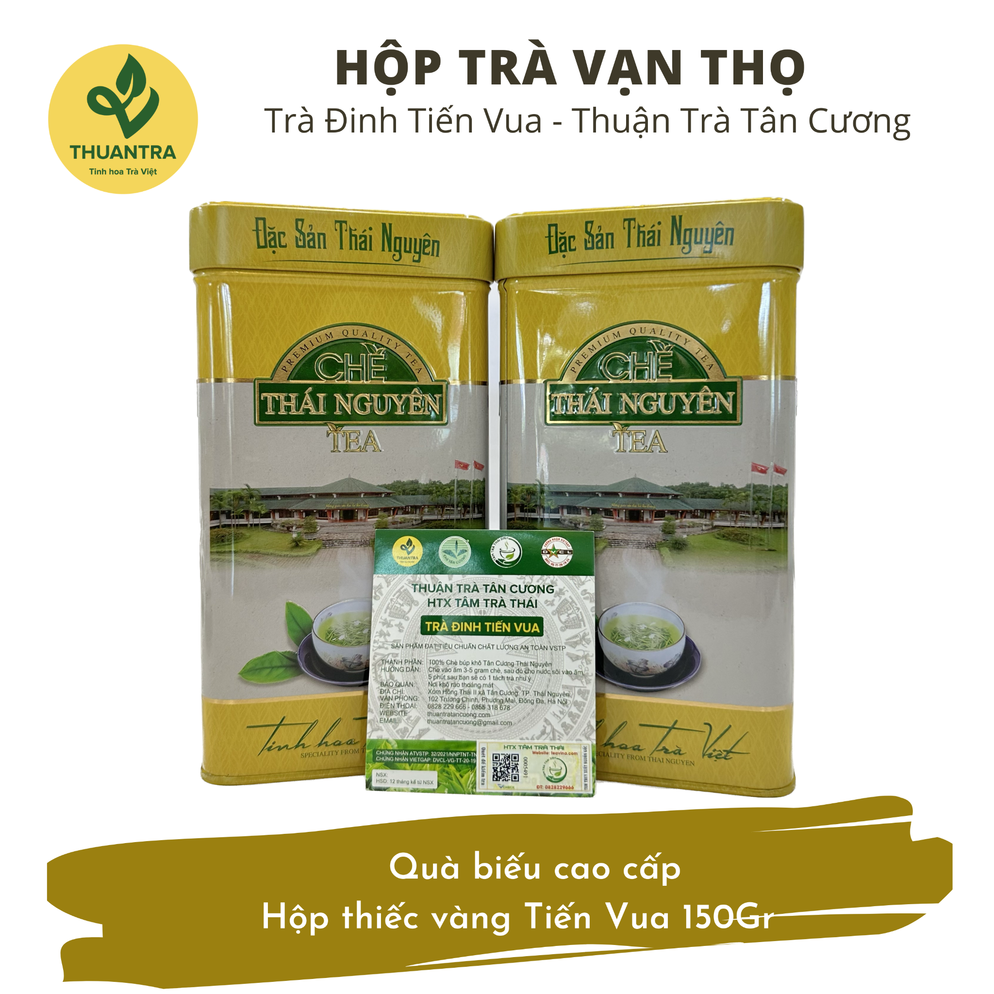  Hộp trà Vạn Thọ - Hộp thiếc vàng Tiến Vua 150Gr - Quà biếu cao cấp Thuận Trà Tân Cương 