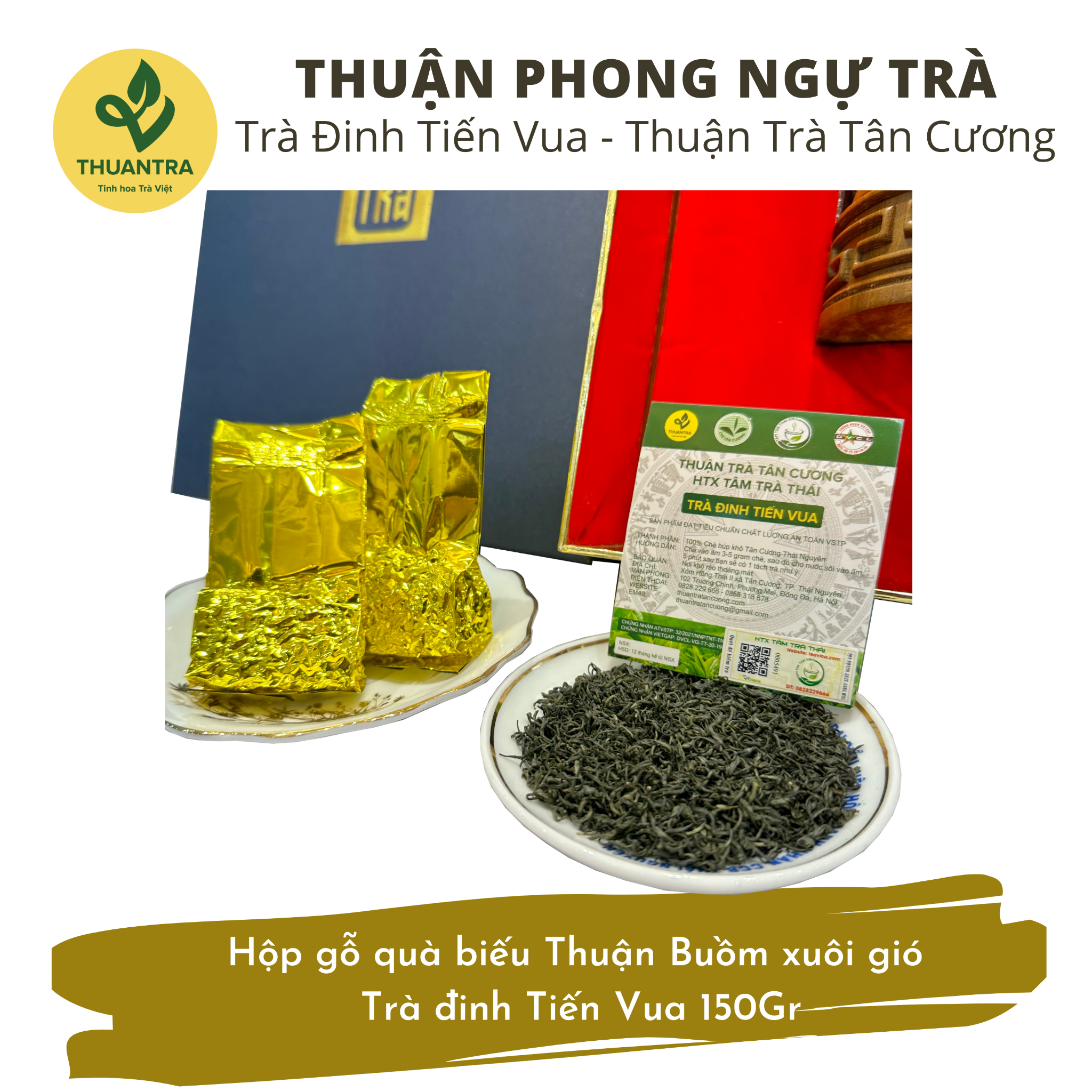  Thuận Phong Ngự Trà - Hộp gỗ quà biếu Thuận Buồm xuôi gió - Trà đinh Tiến Vua 150Gr 