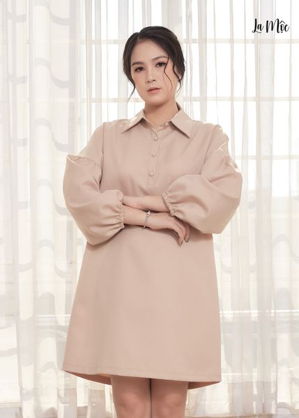 ĐẦM SUÔNG NÂU NHẠT LỤA CREP KOREA, CỔ BẺ, TAY PHỒNG