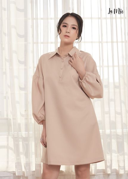 ĐẦM SUÔNG NÂU NHẠT LỤA CREP KOREA, CỔ BẺ, TAY PHỒNG