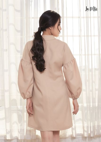 ĐẦM SUÔNG NÂU NHẠT LỤA CREP KOREA, CỔ BẺ, TAY PHỒNG