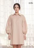 ĐẦM SUÔNG NÂU NHẠT LỤA CREP KOREA, CỔ BẺ, TAY PHỒNG