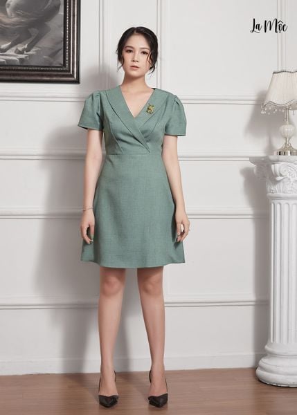 ĐẦM XÒE XANH LÁ MAXIVIC, CỔ ĐAN TÔNG, LỤA CREP KOREA