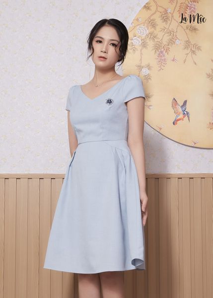 ĐẦM XÒE XANH NHẠT MAXIVIC, LỤA CREP KOREA, CỔ TIM, TAY NGẮN