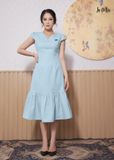 ĐẦM SUÔNG XANH NHẠT LA MỘC, LỤA CREP KOREA, CỔ TIM TRƯỚC VÀ SAU, TAY NGẮN