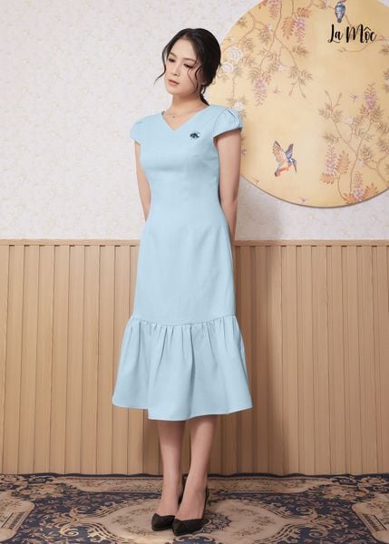 ĐẦM SUÔNG XANH NHẠT LA MỘC, LỤA CREP KOREA, CỔ TIM TRƯỚC VÀ SAU, TAY NGẮN