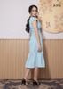 ĐẦM SUÔNG XANH NHẠT LA MỘC, LỤA CREP KOREA, CỔ TIM TRƯỚC VÀ SAU, TAY NGẮN