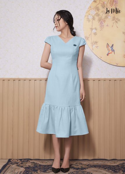 ĐẦM SUÔNG XANH NHẠT MAXIVIC, LỤA CREP KOREA, CỔ TIM TRƯỚC VÀ SAU, TAY NGẮN