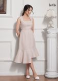 ĐẦM BODY MÀU KEM LA MỘC, LỤA CREP KOREA, CỔ VUÔNG, ĐUÔI CÁ