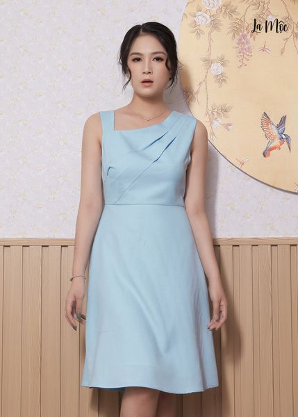 ĐẦM ÔM LỆCH VAI XANH DA TRỜI MAXIVIC, LỤA CREP KOREA, SÁT NÁCH