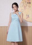 ĐẦM ÔM LỆCH VAI XANH DA TRỜI LA MỘC, LỤA CREP KOREA, SÁT NÁCH