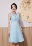ĐẦM ÔM LỆCH VAI XANH DA TRỜI LA MỘC, LỤA CREP KOREA, SÁT NÁCH
