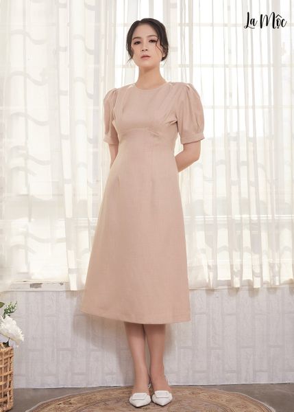 ĐẦM ÔM NÂU NHẠT MAXIVIC, LỤA CREP KOREA, CỔ TRÒN, TAY PHỒNG