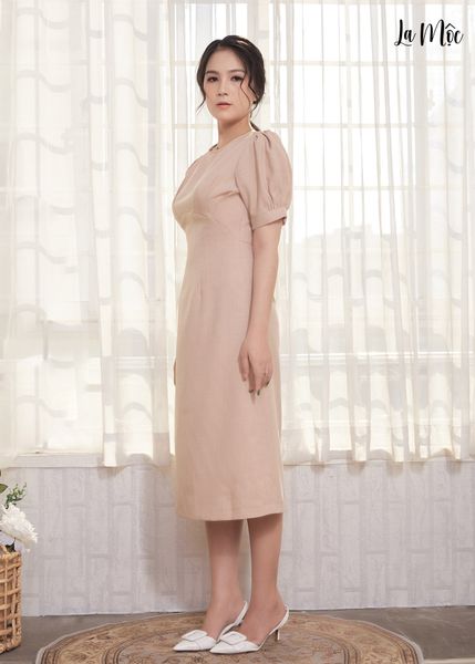 ĐẦM ÔM NÂU NHẠT MAXIVIC, LỤA CREP KOREA, CỔ TRÒN, TAY PHỒNG