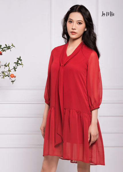 ĐẦM BABYDOLL CHIFFON KOREA ĐỎ ĐÔ, CỔ QUÀNG, TAY LỠ, MAXIVIC