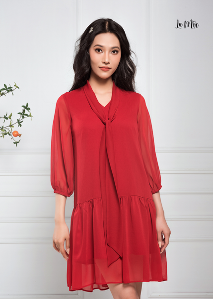 ĐẦM BABYDOLL CHIFFON KOREA ĐỎ ĐÔ, CỔ QUÀNG, TAY LỠ, MAXIVIC