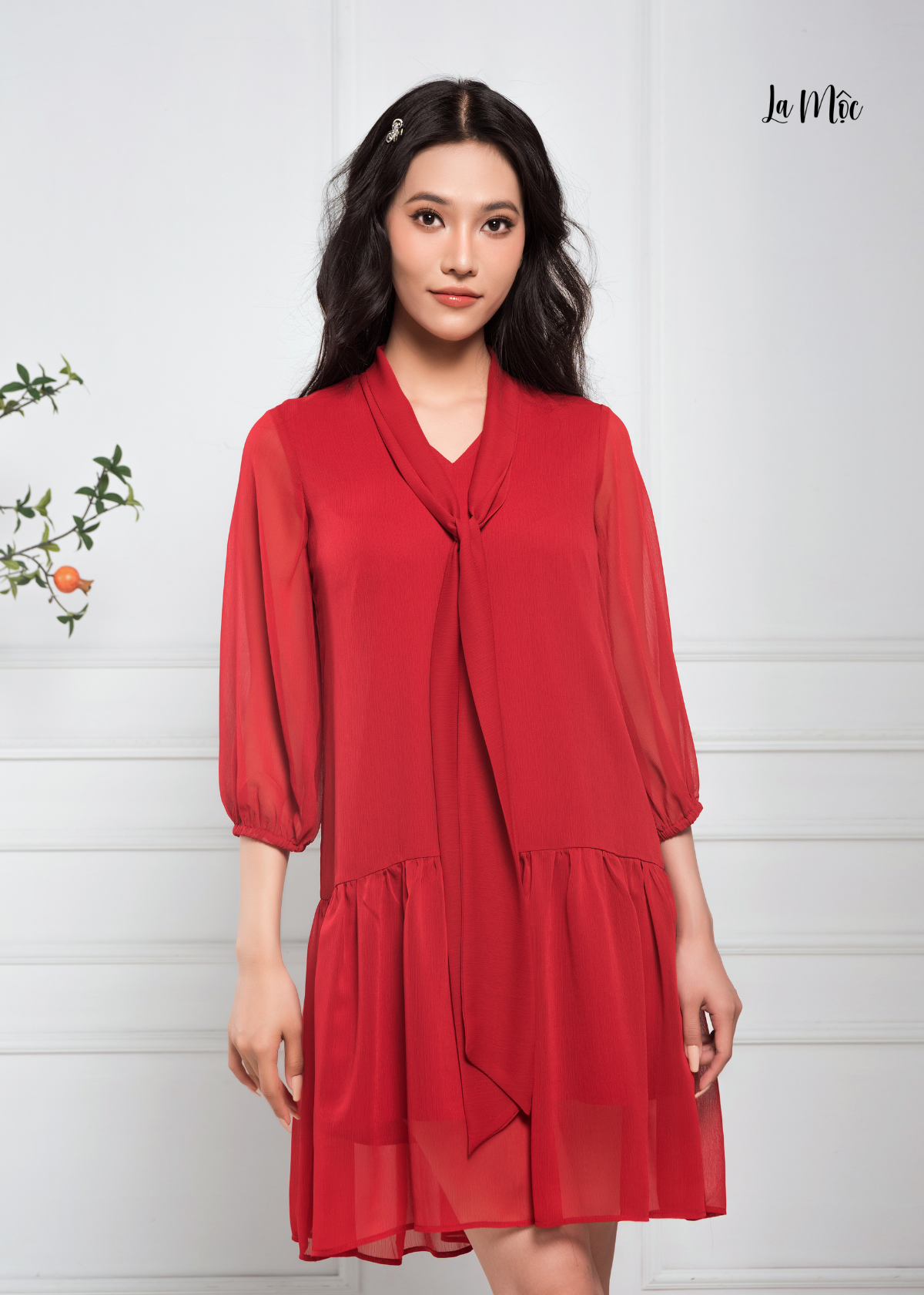  ĐẦM BABYDOLL CHIFFON KOREA ĐỎ ĐÔ, CỔ QUÀNG, TAY LỠ, LA MỘC 