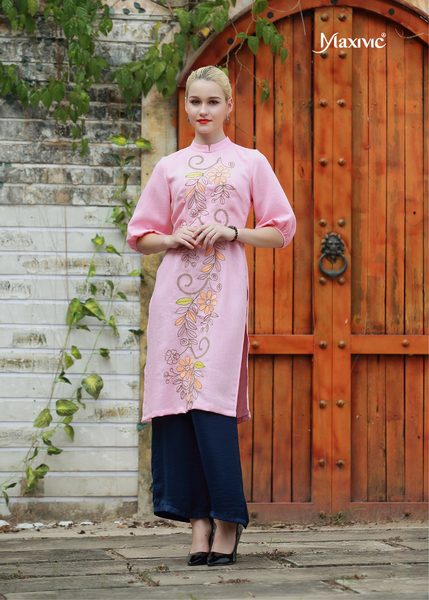ÁO DÀI LINEN HỒNG THÊU HOẠ TIẾT HOA