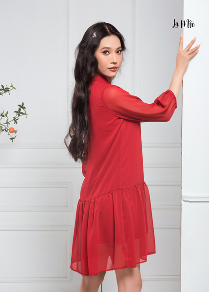 ĐẦM BABYDOLL CHIFFON KOREA ĐỎ ĐÔ, CỔ QUÀNG, TAY LỠ, MAXIVIC