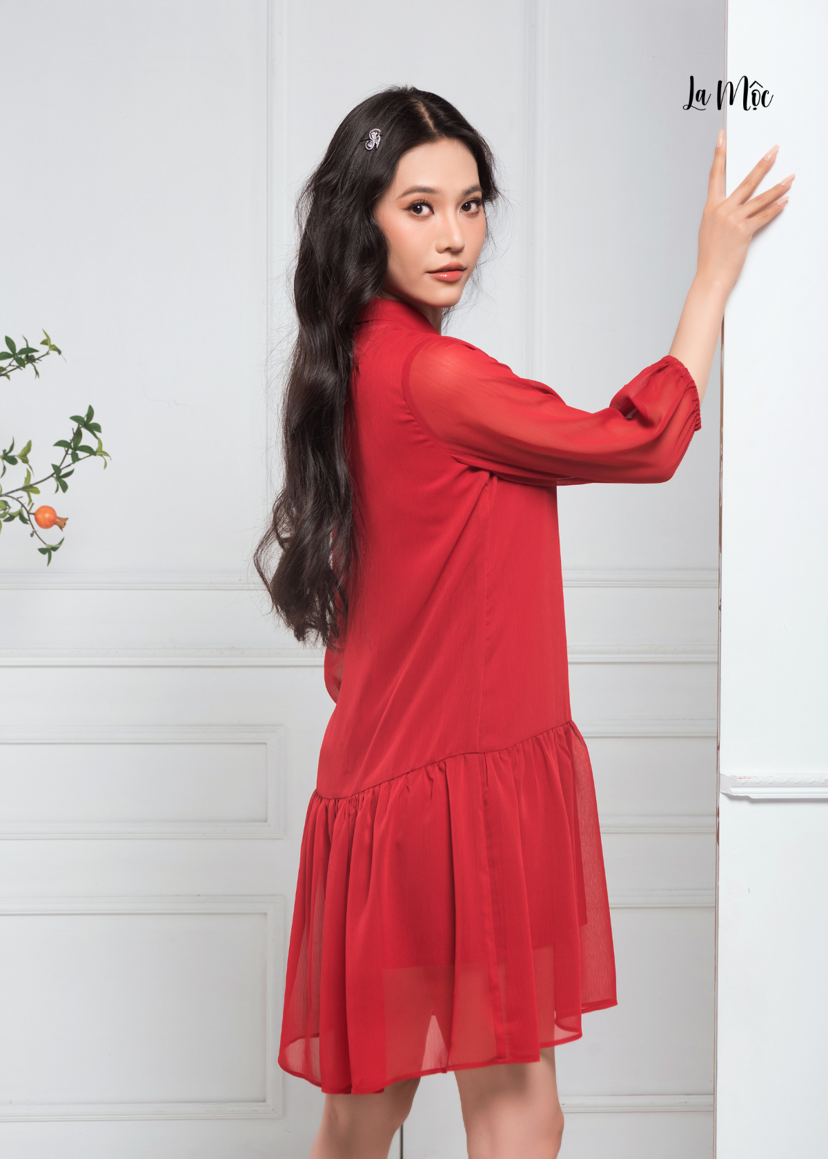  ĐẦM BABYDOLL CHIFFON KOREA ĐỎ ĐÔ, CỔ QUÀNG, TAY LỠ, LA MỘC 