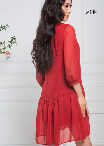 ĐẦM BABYDOLL CHIFFON KOREA ĐỎ ĐÔ, CỔ QUÀNG, TAY LỠ, MAXIVIC