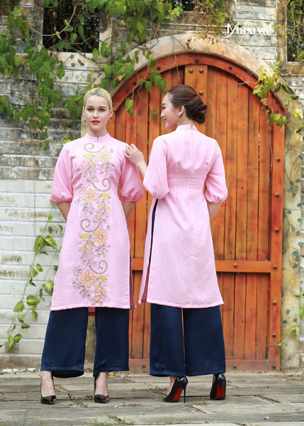 ÁO DÀI LINEN HỒNG THÊU HOẠ TIẾT HOA