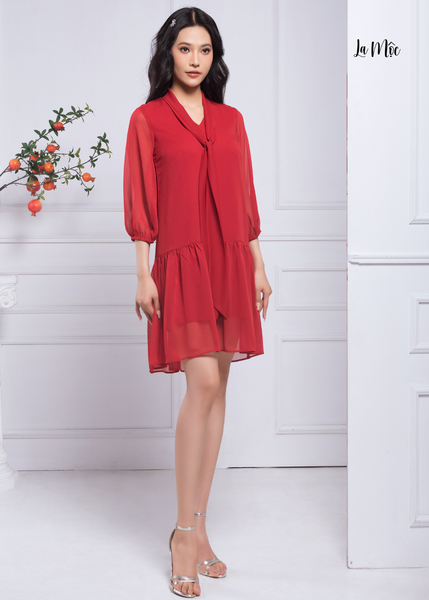 ĐẦM BABYDOLL CHIFFON KOREA ĐỎ ĐÔ, CỔ QUÀNG, TAY LỠ, LA MỘC