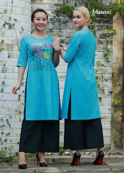 ÁO DÀI LINEN XANH BIỂN THÊU HOẠ TIẾT HOA
