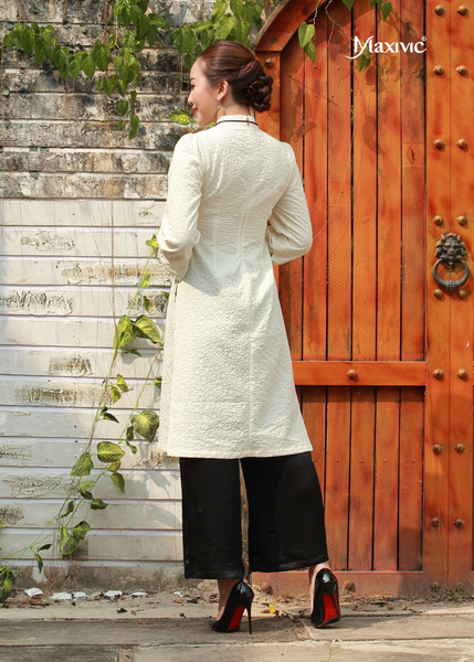 ÁO DÀI LAYA VÀNG KEM HOA NỔI MAXIVIC