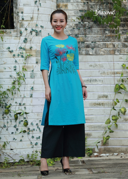ÁO DÀI LINEN XANH BIỂN THÊU HOẠ TIẾT HOA