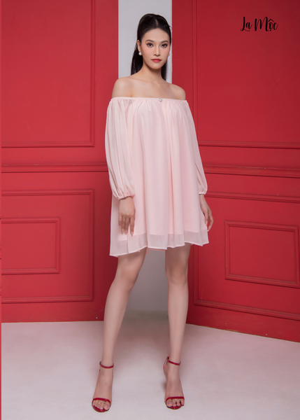 ĐẦM CHIFFON HỒNG PHẤN BABYDOLL TRỄ VAI , Maxivic