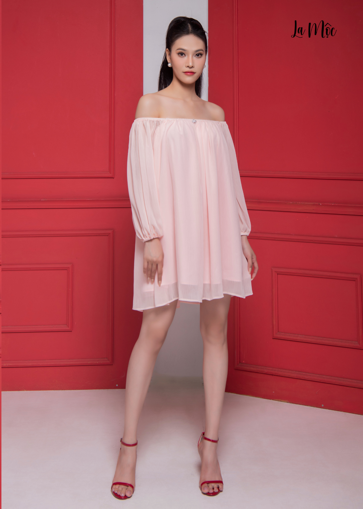  ĐẦM CHIFFON HỒNG PHẤN BABYDOLL TRỄ VAI , LA MỘC 