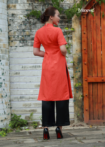 ÁO DÀI MAXIVIC LINEN CAM THÊU LÁ