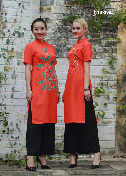 ÁO DÀI MAXIVIC LINEN CAM THÊU LÁ