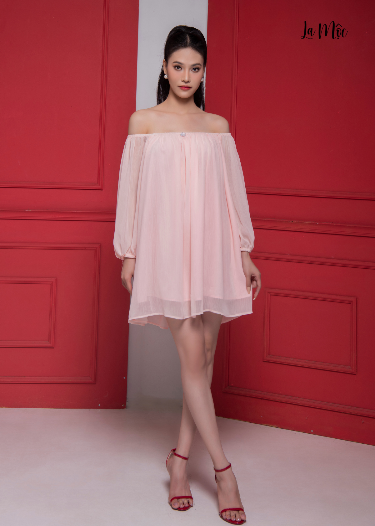  ĐẦM CHIFFON HỒNG PHẤN BABYDOLL TRỄ VAI , LA MỘC 