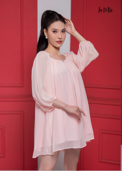 ĐẦM CHIFFON HỒNG PHẤN BABYDOLL TRỄ VAI , Maxivic