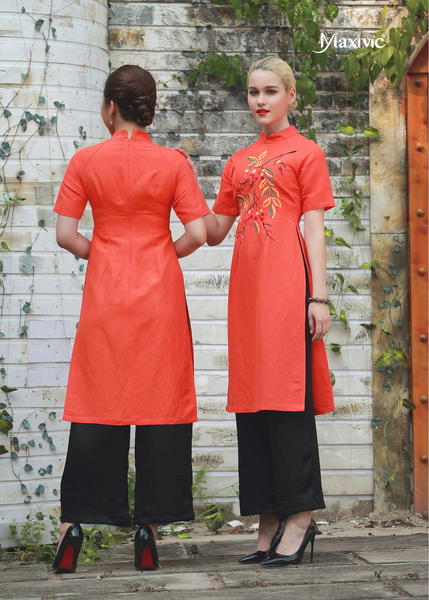 ÁO DÀI MAXIVIC LINEN CAM THÊU HOA